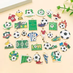 Close-up of mixed soccer enamel charms, football pendants for DIY jewelry making and bracelets.