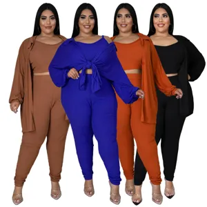 Women's Plus Size 3 Piece Outfits Ribbed Solid Color Sexy Casual Set Cami Top Long Pants And Open Front Cardigan