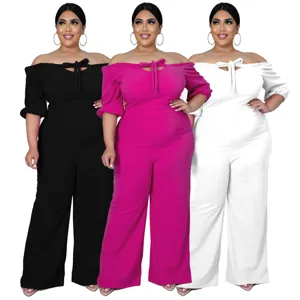 Women Off Shoulder Tie Front Jumpsuit Plus Size Solid Color Strapless Wide Leg Long Romper Elegant Party One Piece Jumpsuit