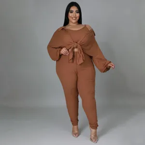 Plus size 3 piece ribbed casual outfit women set, stylish long sleeve tie front top and pants.