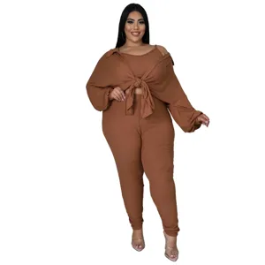 Plus size brown 3 piece ribbed casual outfit, comfortable camisole, tie top and long pants set.
