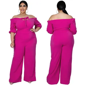 Plus size off shoulder jumpsuit hot pink short sleeve casual elegant romper for women