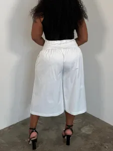 Plus Size White Wide Leg Pants Casual High Waist Pleated Loose Trousers for Women