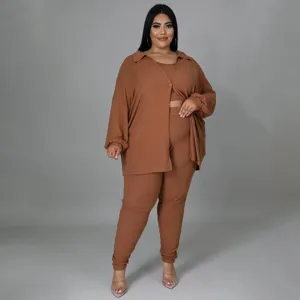Plus size brown ribbed 3 piece lounge set detail view, casual comfortable long sleeve cardigan.