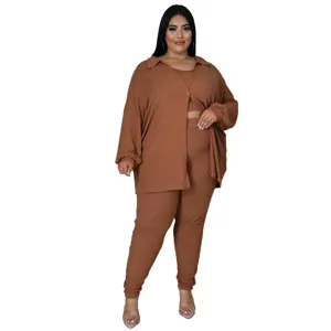 Plus size ribbed 3 piece casual outfit detail, brown cardigan, top and pants set.