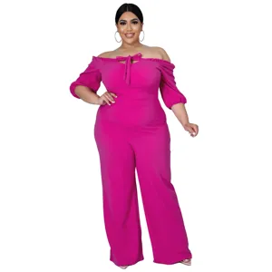 Plus size hot pink off shoulder jumpsuit with front tie detail, elegant and sexy style.