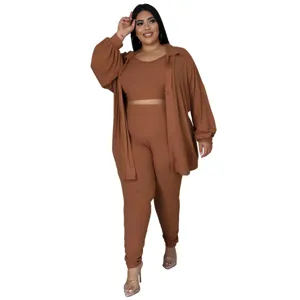 Plus size casual solid ribbed three piece outfit set featuring cardigan, top and trousers.