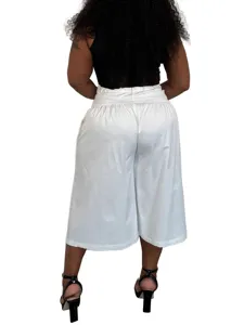 Back view detail of casual white wide leg pants, loose pleated high waist summer trousers.