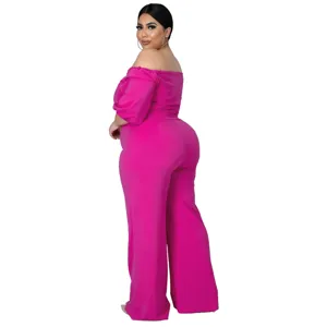 Plus size hot pink off shoulder jumpsuit back detail view, elegant women fashion wear.