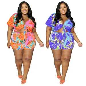 Plus Size Women Sexy Casual Hollow Lace-Up Digital Print Shorts Set Summer Short Sleeve Top And Bottom Co-Ord Outfit