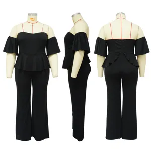 Jumpsuit élastique noir grande taille épaules dénudées manches courtes jambe large vue