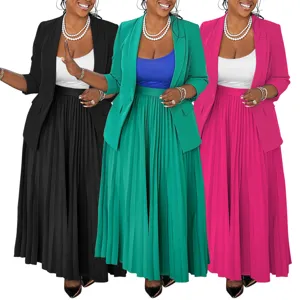 Women fashion casual blazer and pleated maxi skirt two piece set elegant professional suit