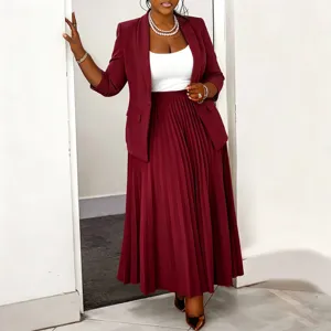 Women professional blazer and pleated midi skirt suit set elegant office workwear.
