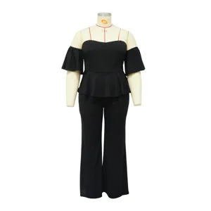 Femme epaule démunie manches courtes jambe large combi-pantalon noir chic mode