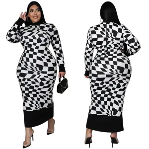 Plus size long sleeve black and white geometric checkerboard print midi dress for women.