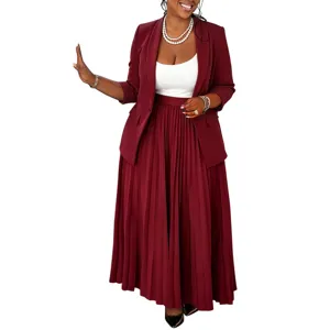 Women's casual professional blazer and pleated maxi skirt two-piece suit set for elegant daily wear.