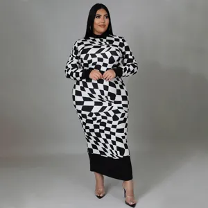 Plus size black and white checkerboard long sleeve maxi dress for women elegant chic apparel.