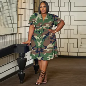 Plus size camo two piece dress set featuring v-neck ruffle sleeve crop top and matching skirt.