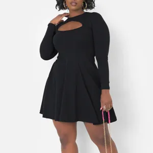 Femme robe patineuse noire manches longues découpe taille fine sexy mini robe soirée