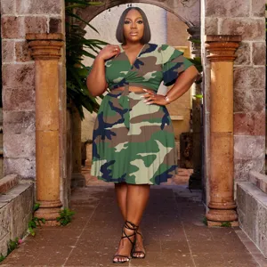 Plus size camo two piece set v neck crop top and skirt detailed for women fashion.