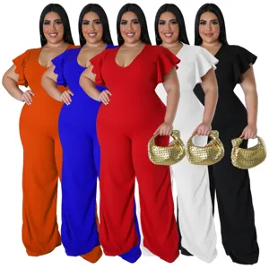 Damen Übergröße Jumpsuit V Ausschnitt Volant Ärmel Weites Bein Gestrickt Polyester Einteiler Einfarbig Hohe Taille Outfit