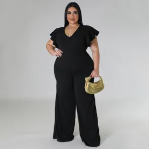 Plus Size schwarzer V-Ausschnitt Flatterarm Weites Bein Jumpsuit Studio Detailansicht