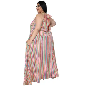 Robe longue grande taille à rayures colorées, robe décontractée sans manches col halter.