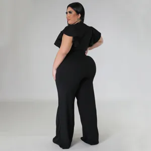 Plus Size Damen schwarzer Jumpsuit mit Rüschenärmeln und weiter Hose elegante Abendmode