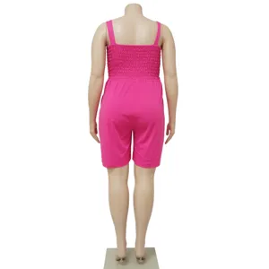 Solid color pink slim smocked backless jumpsuit, detail back view for women summer fashion.