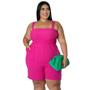 Plus size women summer solid color smocked sleeveless romper detail view with green pouch bag