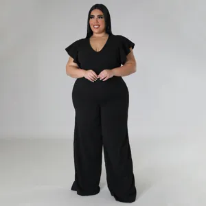 Plus Size schwarzer Jumpsuit mit Rüschenärmeln und weitem Bein für Damen Mode Style