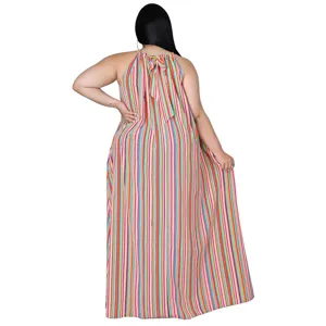 Robe longue maxi dos nu à rayures colorées grandes tailles, robe de plage ample et décontractée.