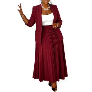 Detail shot of professional women's blazer and pleated skirt suit set, elegant daily wear.