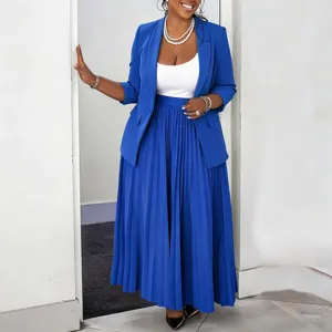 Royal blue blazer and pleated skirt set details, elegant professional women fashion outfit.