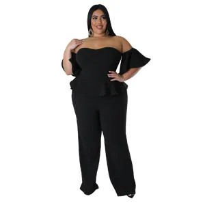Femme sexy épaules dénudées manches courtes volant basque jambe large combinaison noir