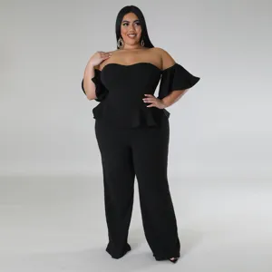 Combinaison noire élégante et extensible pour femme, épaules dénudées, manches courtes et larges