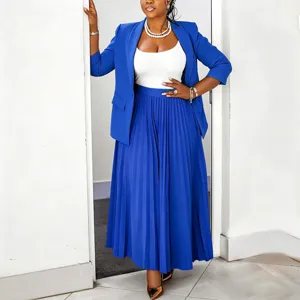 Women professional blue blazer and pleated long skirt suit set elegant office lady outfits.