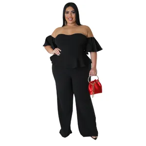 Grande taille sexy épaules dénudées manches courtes jambe large combinaison noir