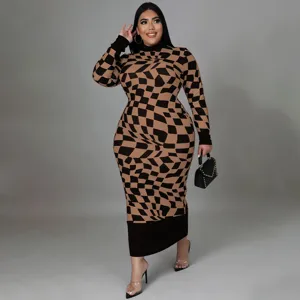 Plus size long sleeve geometric print midi dress with elegant turtleneck design for women.