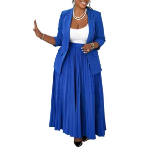 Women's blue blazer and pleated long skirt matching set detail view, elegant business casual.