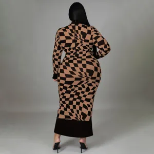 Elegant long sleeve maxi dress featuring an abstract geometric checkerboard print and back zipper.