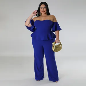 Ensemble haut peplum volanté et pantalon large bleu roi sans bretelles pour femmes détail.