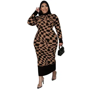 Plus size long sleeve checkered dress detail view showing the unique fashion style.