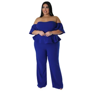 Tendance combinaison pantalon large bleu roi épaules dénudées manches courtes volant pour femme