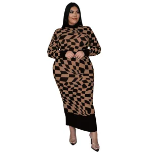 Long sleeve midi dress with abstract plaid print, elegant high neck and fitted silhouette.
