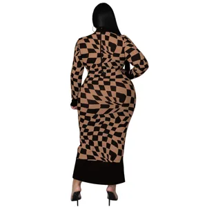 Plus size women long sleeve checkered dress elegant casual streetwear bodycon maxi dress