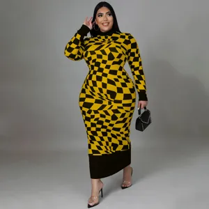 Close-up detail of black and yellow distorted checkerboard dress pattern and fabric texture.