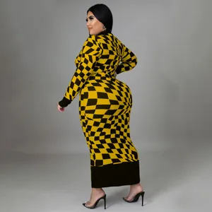 Plus size yellow black geometric checkerboard print long sleeve maxi dress detail display