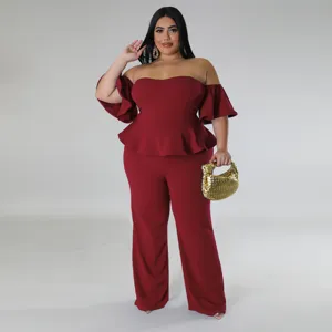 Combinaison Femme Grande Taille Epaule Nue Manche Courte Jambe Large Rouge Soiree Chic