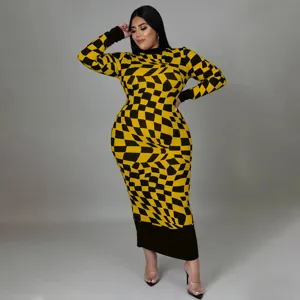 Details of the yellow and black geometric check long-sleeve slim fit dress fashion style.
